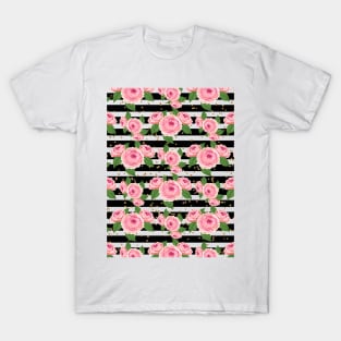 Peony On Black And White Stripes T-Shirt